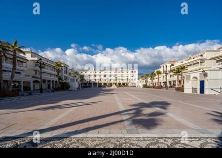 'Plaza de Espana' in the center of Nerja city , near to townhall and famous location 'Balcon de Europa'. A famous square with restaurants Stock Photo