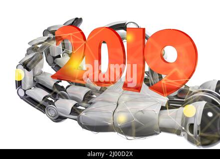 3d design of a robot hand holding 2019 sign Stock Photo