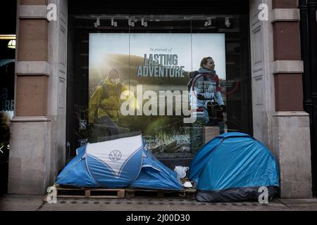 London, UK. 15th March, 2022. Rough sleeper's tents seen during the day near a camping store in Covent Garden. Credit: Guy Corbishley/Alamy Live News Stock Photo