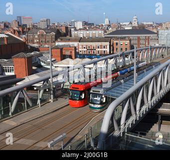 Nottingham Express transit Bombardier Incentro trams 213 Mary Potter and 206  Angela Alcock at Nottingham railway station tram stop Stock Photo