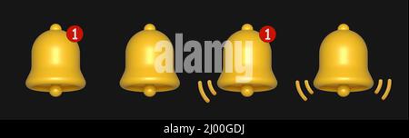 3d notification bells front view set isolated on black background.  Stock Vector