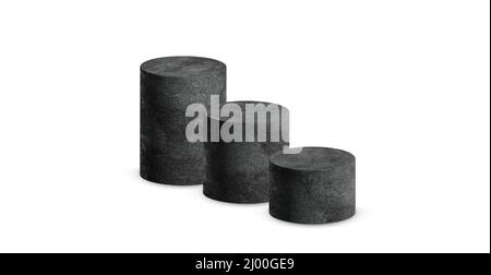 3d podium platform cylinders vector illustration. Realistic black pedestal stages for product presentation or winner steps. Stock Vector