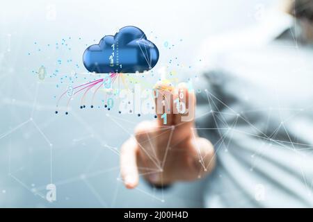 Person touching a cloud- Computing, technology, internet, storage, network concept Stock Photo