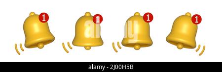 3d notification bells front view set isolated on white background. 3d render. Stock Vector