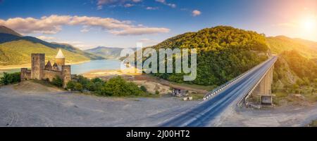 Wonderful views of the Zhinvali reservoir. Unusual and gorgeous scene. Popular tourist attraction. Location famous place Ananuri castle complex in Geo Stock Photo