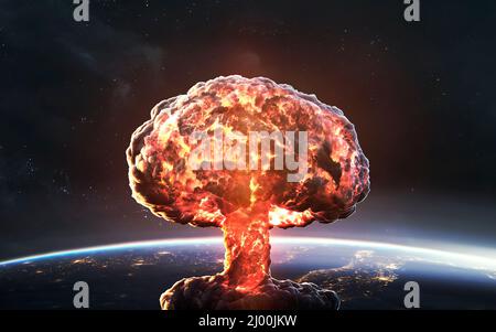 3D illustration of Nuclear explosion over planet earth. World war, end of civilization. Elements of image provided by Nasa Stock Photo