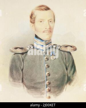 Portrait of Captain Panov - commander of the Furshtat half-company of the Life Guards Hussar Regiment of the Russian Army. Painting from 1838. Stock Photo