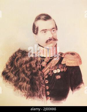 Portrait of N.I. Bukharov - Colonel of the Life Guards Hussar Regiment of the Russian Army. Painting from 1838. Stock Photo