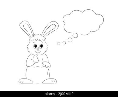 cute cartoon rabbit thinking. black and white outline drawing Stock Photo