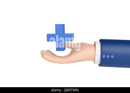 Cartoon hand holding a plus sign isolated on white background. 3d illustration. Stock Photo