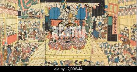 Picture of a Crowded Theater Hosting Performance of Sugawara Denju Tenarai Kagami. Utagawa Kunisada (Toyokuni III) (Japan, Edo, 1786-1865). fourth month 1859. Prints; woodblocks. Color woodblock print triptych Stock Photo