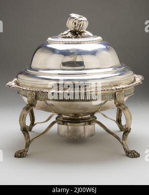 Entrée Dish with Cover and Warming Stand with Burner. Paul Storr (England, London, 1771-1844)William Bateman II (England, circa 1800-circa 1875). England, a-b) 1813; c-e) 1833. Furnishings; Serviceware. Silver Stock Photo