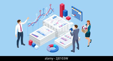 Isometric concept of business analysis, analytics, research, strategy statistic, planning, marketing, study of performance indicators. Stock Vector