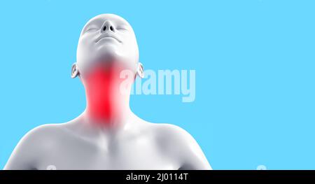 3d render artwork illustration of female gray colored figure with throat pain on blue background. Stock Photo