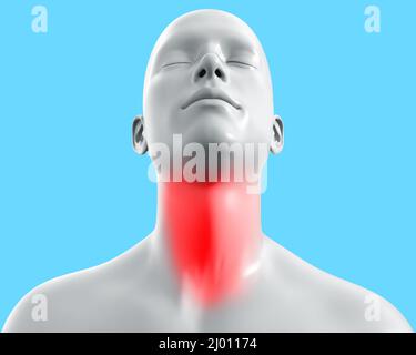 3d render artwork illustration of male gray colored figure with throat pain on blue background. Stock Photo