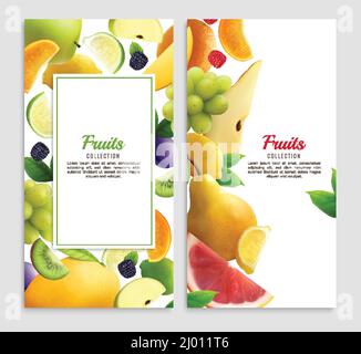 Fruits realistic design set of two vertical backgrounds with frames editable text and fruit slice images vector illustration Stock Vector
