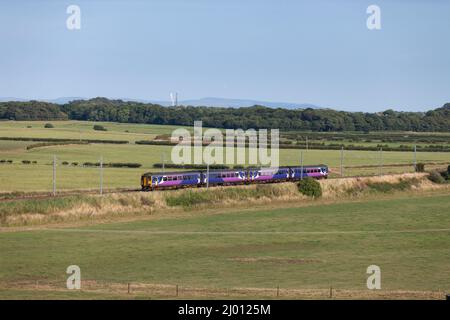 2 Northern rail class 156 sprinter trains forming a  evening commuter train on the line to Blackpool passing the countryside at Hardhorn, near Poulton Stock Photo