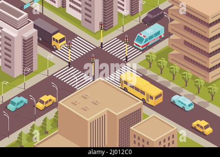 Road city isometric scenery with birds eye view of signalized intersection with cars and modern buildings vector illustration Stock Vector