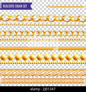 Set of isolated realistic chain transparent colourful images with golden jewelry various patterns and different shapes vector illustration Stock Vector