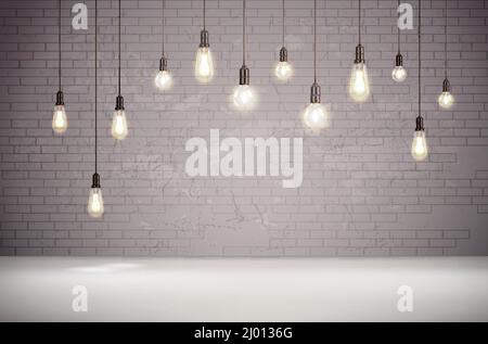 Realistic vintage light bulbs on background with grey brick wall vector illustration Stock Vector