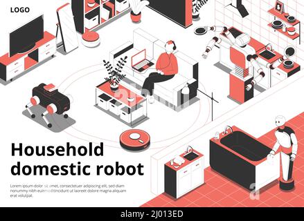 Household domestic indoor robots isometric composition with vacuuming floor washing bathtub cleaning appliances robotic kitchen vector illustration Stock Vector