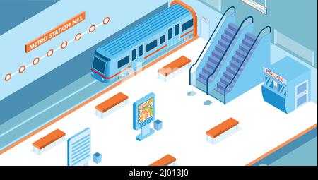 Empty metro station with arriving train escalators police booth map 3d isometric vector illustration Stock Vector