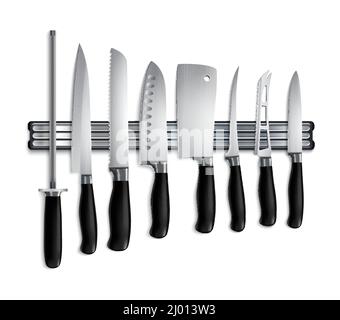 Butchers knives set on magnetic holder closeup realistic image with cleaver chopper steel sharpening rod vector illustration Stock Vector