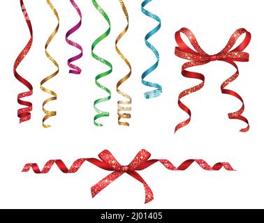 Curled ribbons serpentine with glitters realistic collection on blank background with isolated images of party decorations vector illustration Stock Vector