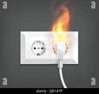 Burning power socket realistic composition with image of double wall outlet with fire and electric plug vector illustration Stock Vector
