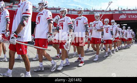 Piscataway, NJ, USA. 15th Mar, 2022. Rutgers enters the field before an NCAA lacrosse game between the Lafayette Leopards and the Rutgers Scarlet Knights at SHI Stadium in Piscataway, NJ. Rutgers defeated Lafayette 22-10. Mike Langish/Cal Sport Media. Credit: csm/Alamy Live News Stock Photo