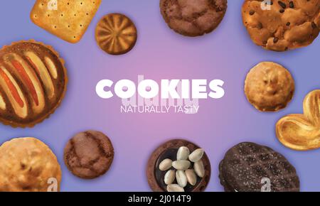 Realistic cookies composition with peanuts caramel and chocolate  isolated vector illustration Stock Vector