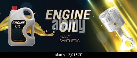 Engine oil advertising realistic horizontal illustration with plastic container piston and fully synthetic text vector illustration Stock Vector