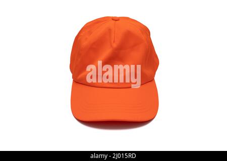 A fluorescent orange baseball cap, isolated on white background. Stock Photo