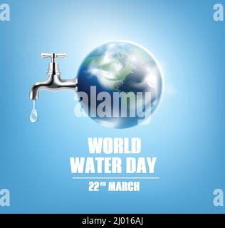 World water day blue poster with globe faucet and date 22 march realistic vector illustration Stock Vector