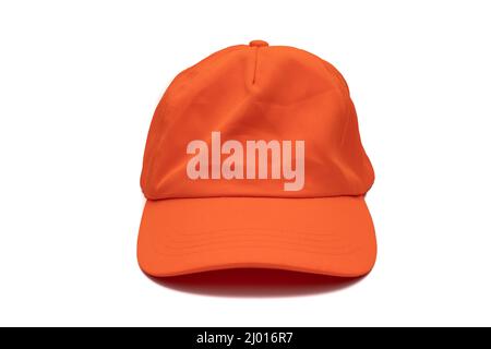 A fluorescent orange baseball cap, isolated on white background. Stock Photo