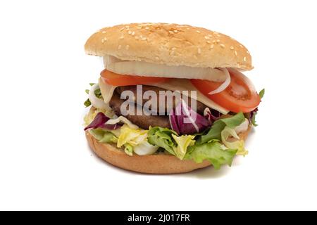 A double meat burger, with the ingredients, lettuce, cabbage, cucumber, tomato, onion, cheese, ketchup, mayonnaise. Isolated on white background. One Stock Photo