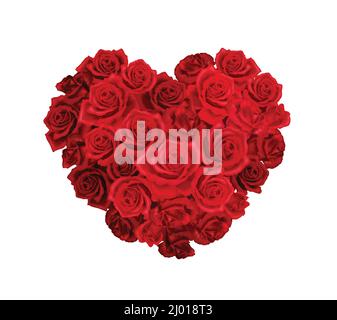 Heart shaped bunch of red roses realistic composition on white background vector illustration Stock Vector