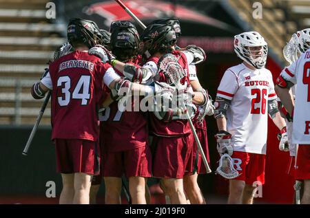 Piscataway, NJ, USA. 15th Mar, 2022. Lafayette celebrates a goal during an NCAA lacrosse game between the Lafayette Leopards and the Rutgers Scarlet Knights at SHI Stadium in Piscataway, NJ. Rutgers defeated Lafayette 22-10. Mike Langish/Cal Sport Media. Credit: csm/Alamy Live News Stock Photo
