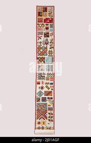 Berlin Wool Work Sampler. England, circa 1860. Textiles; embroidery. Linen plain weave (canvas) with wool, silk, and metallic-thread embroidery, glass and metal beads, and silk plain weave (taffeta) Stock Photo