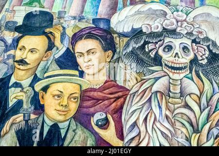 Mexico City,Museo Mural Diego Rivera Museum art,Sueno de una tarde dominical en la Alameda Central 1947,fresco Catrina skeleton Jose Marti Frida Kahlo Stock Photo