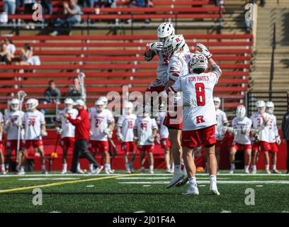 Piscataway, NJ, USA. 15th Mar, 2022. Rutgers celebrates a goal during an NCAA lacrosse game between the Lafayette Leopards and the Rutgers Scarlet Knights at SHI Stadium in Piscataway, NJ. Rutgers defeated Lafayette 22-10. Mike Langish/Cal Sport Media. Credit: csm/Alamy Live News Stock Photo