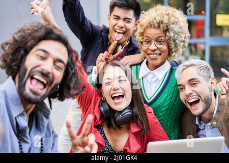 Selfie of group smiling happy people millennials having fun together Stock Photo