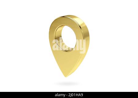 Gold map pointer 3d pin. Location symbol isolated on white background. Gold Texture, 3D Rendering. Stock Photo