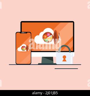 Secure cloud document with computer and mobile flat design Stock Vector