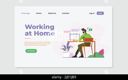 Work from home flat website landing page concept user interface design. Stock Vector