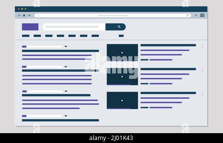 search result with side bar play video website Stock Vector