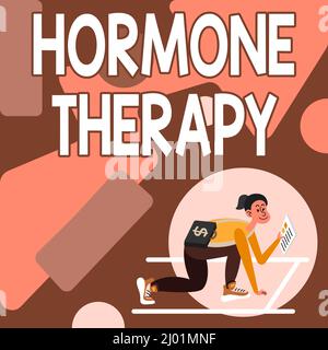 Text caption presenting Hormone Therapy. Internet Concept use of hormones in treating of menopausal symptoms Woman Carrying Briefcase Reading Stock Photo