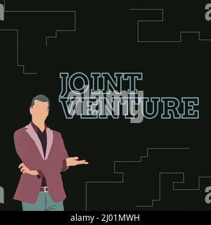 Text sign showing Joint Venture. Word for New firm formed to achieve exact objectives of a partnership Illustration Of Businessman Wearing Coat Stock Photo