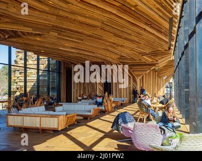 Oklahoma, FEB 26 2022 - People relaxing in the Williams Lodge of Gathering Place Stock Photo