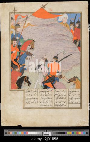 Bizhan Brings Back the Head of Human, Page from a Manuscript of the Shahnama (Book of Kings) of Firdawsi. Iran, Gilan, 1494/A.H. 899. Manuscripts; folios. Ink, opaque watercolor, and gold on paper Stock Photo